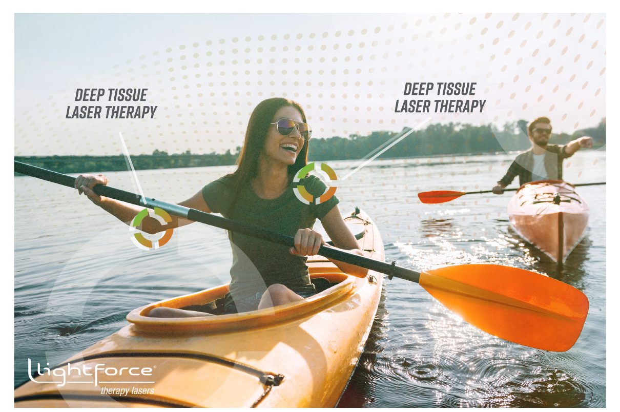 Brand campaign image of a woman kayaking with deep tissue laser therapy callouts