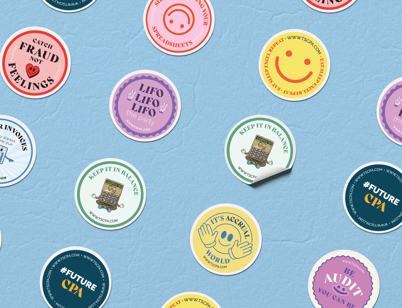 Sheet of colorful round die-cut stickers with accounting puns for TSCPA student outreach